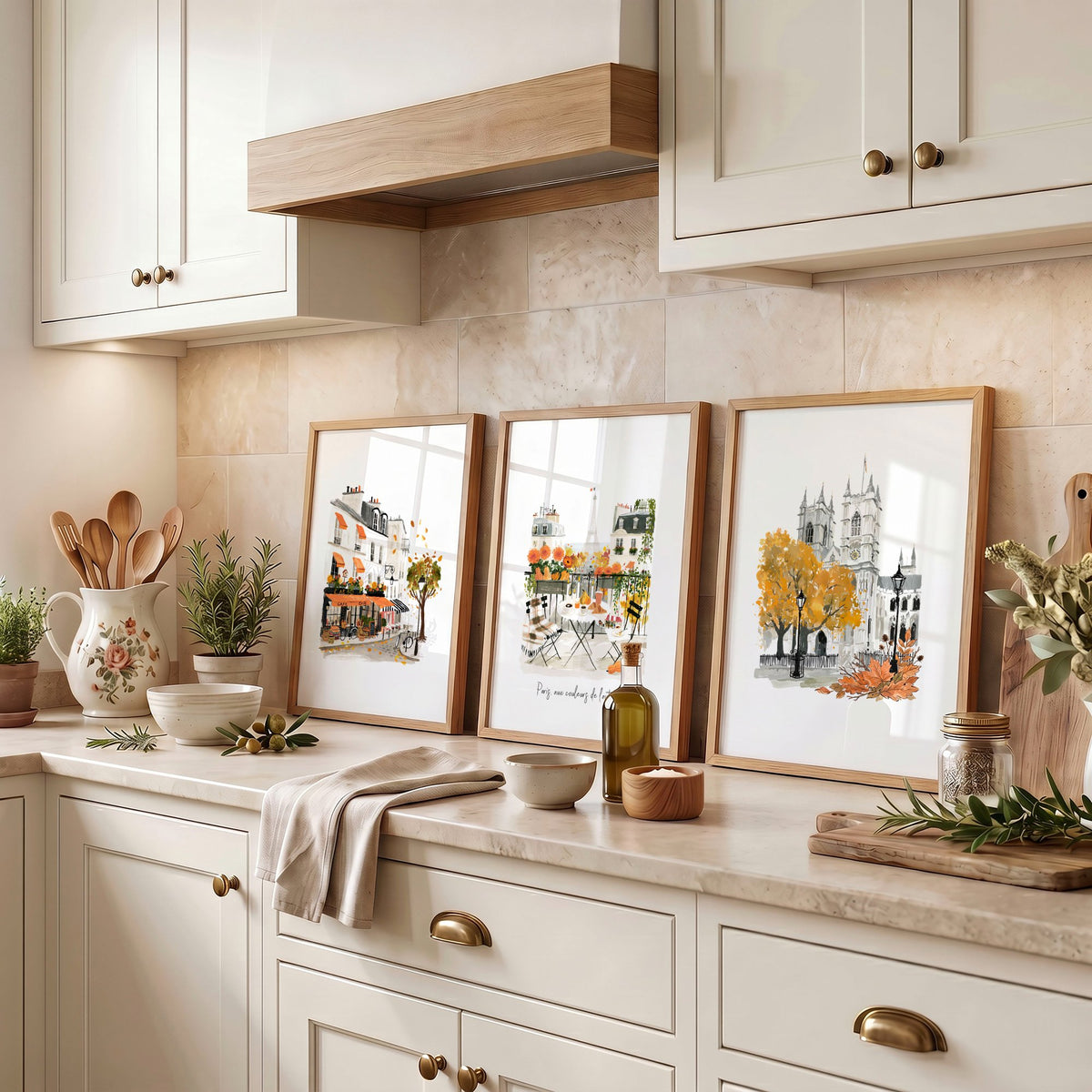 Kitchen wall art for Wall Autumn Paris Watercolour "Paris aux couleurs de l'automne" displayed on a wall in a styled room