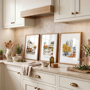 Kitchen wall art for Wall Autumn Paris Watercolour "Paris aux couleurs de l'automne" displayed on a wall in a styled room