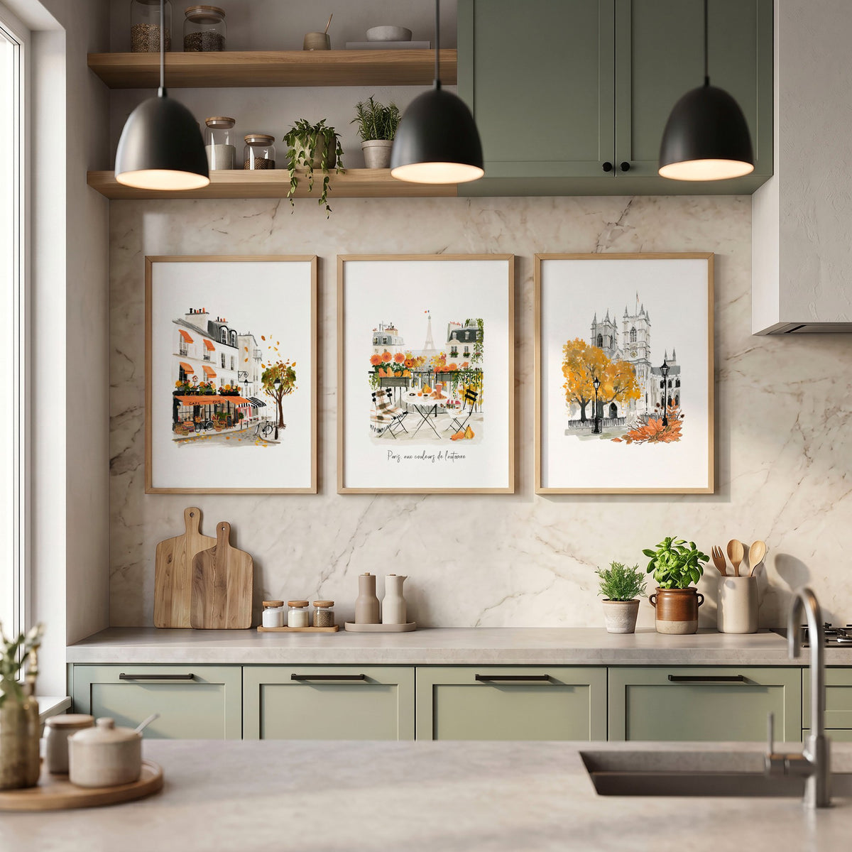 Kitchen wall art for Wall Autumn Paris Watercolour "Paris aux couleurs de l'automne" displayed on a wall in a styled room — view 2