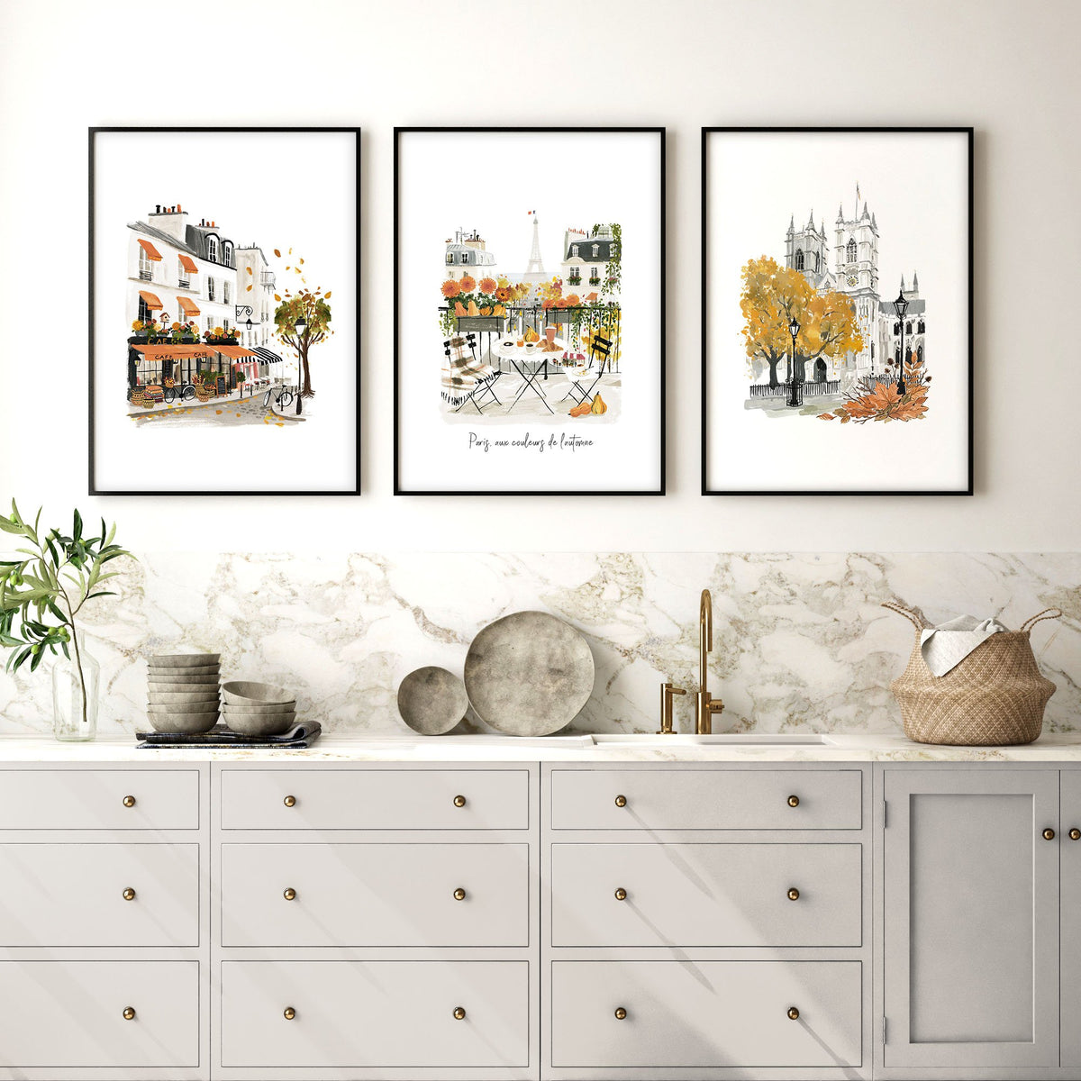 Kitchen wall art for Wall Autumn Paris Watercolour "Paris aux couleurs de l'automne" displayed on a wall in a styled room — view 5