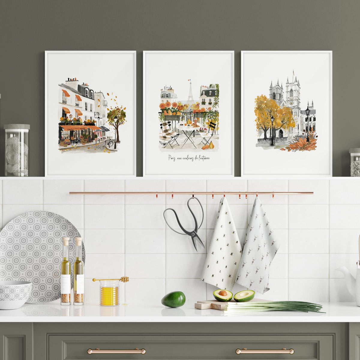 Kitchen wall art for Wall Autumn Paris Watercolour "Paris aux couleurs de l'automne" displayed on a wall in a styled room — view 6