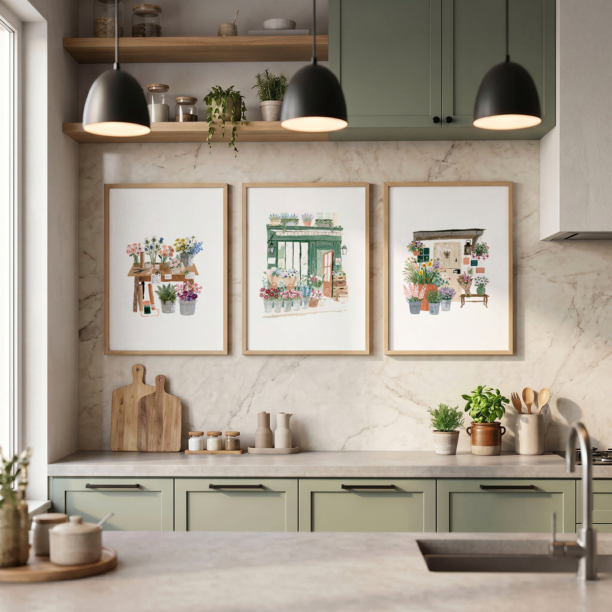 Kitchen wall art Cottage Flower Shop Wall Art displayed on a wall in a styled room