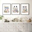 Kitchen wall art Watercolour Flower Shop Storefronts White Blue Pink displayed on a wall in a styled room — view 5