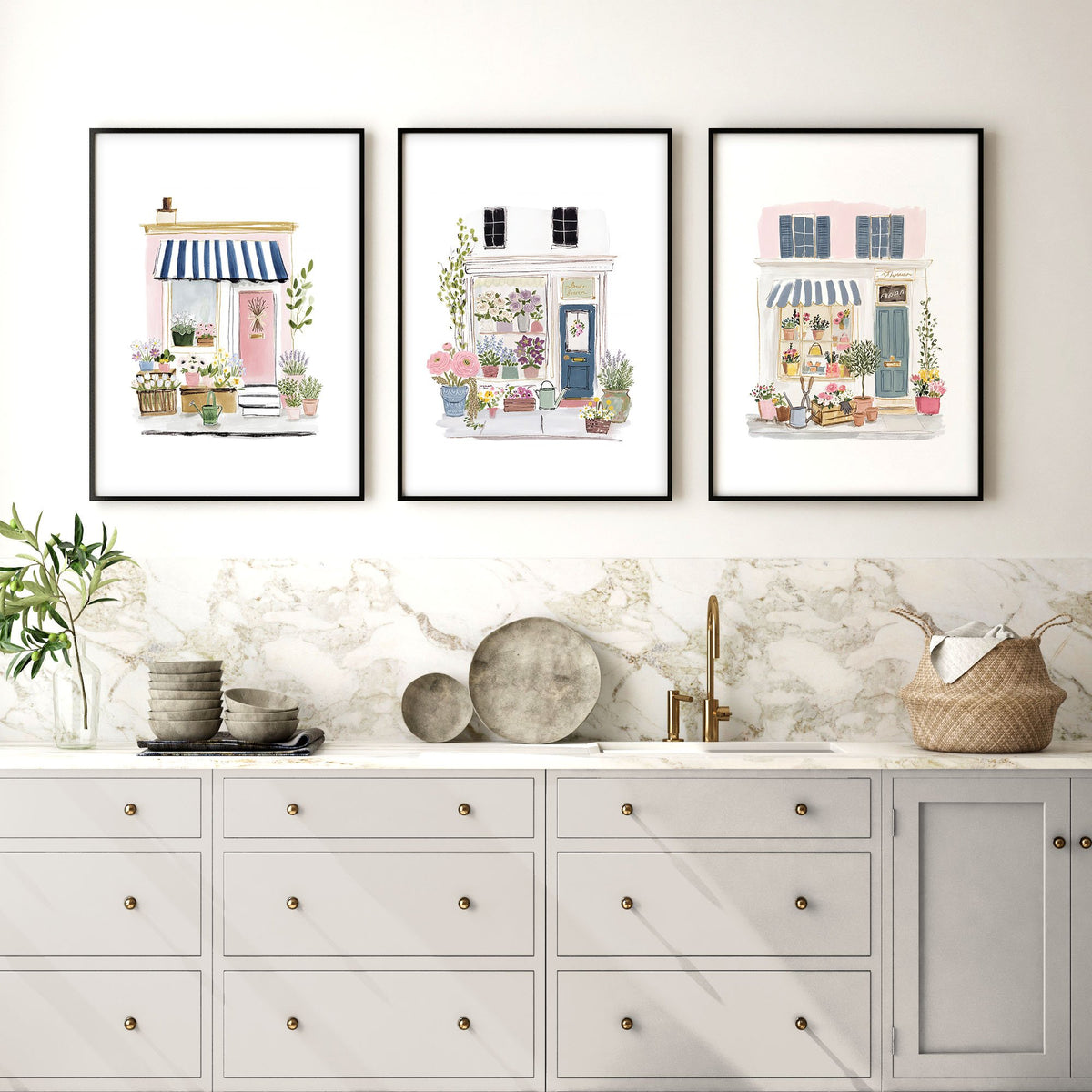 Kitchen wall art Watercolour Flower Shop Storefronts White Blue Pink displayed on a wall in a styled room — view 5
