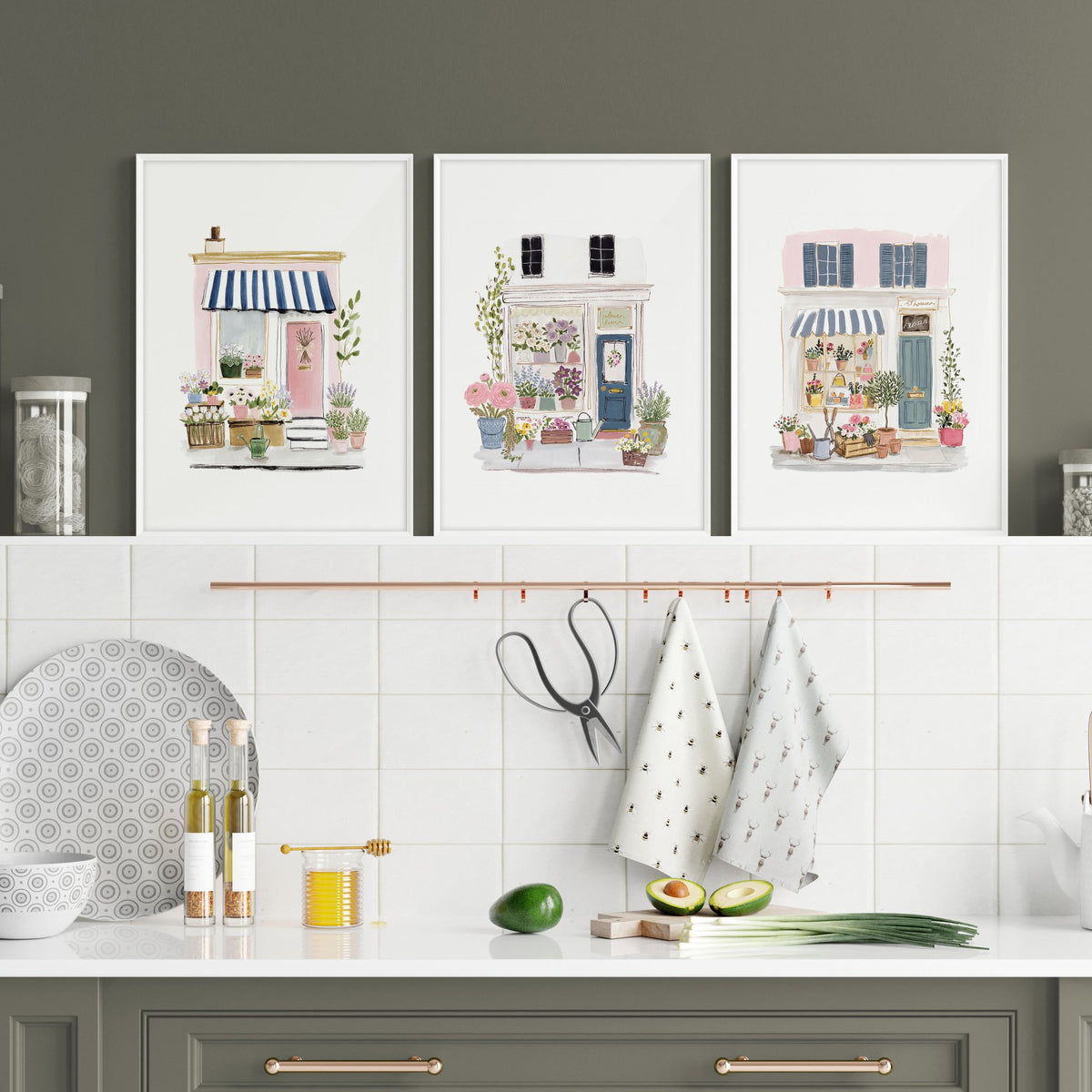 Kitchen wall art Watercolour Flower Shop Storefronts White Blue Pink displayed on a wall in a styled room — view 6