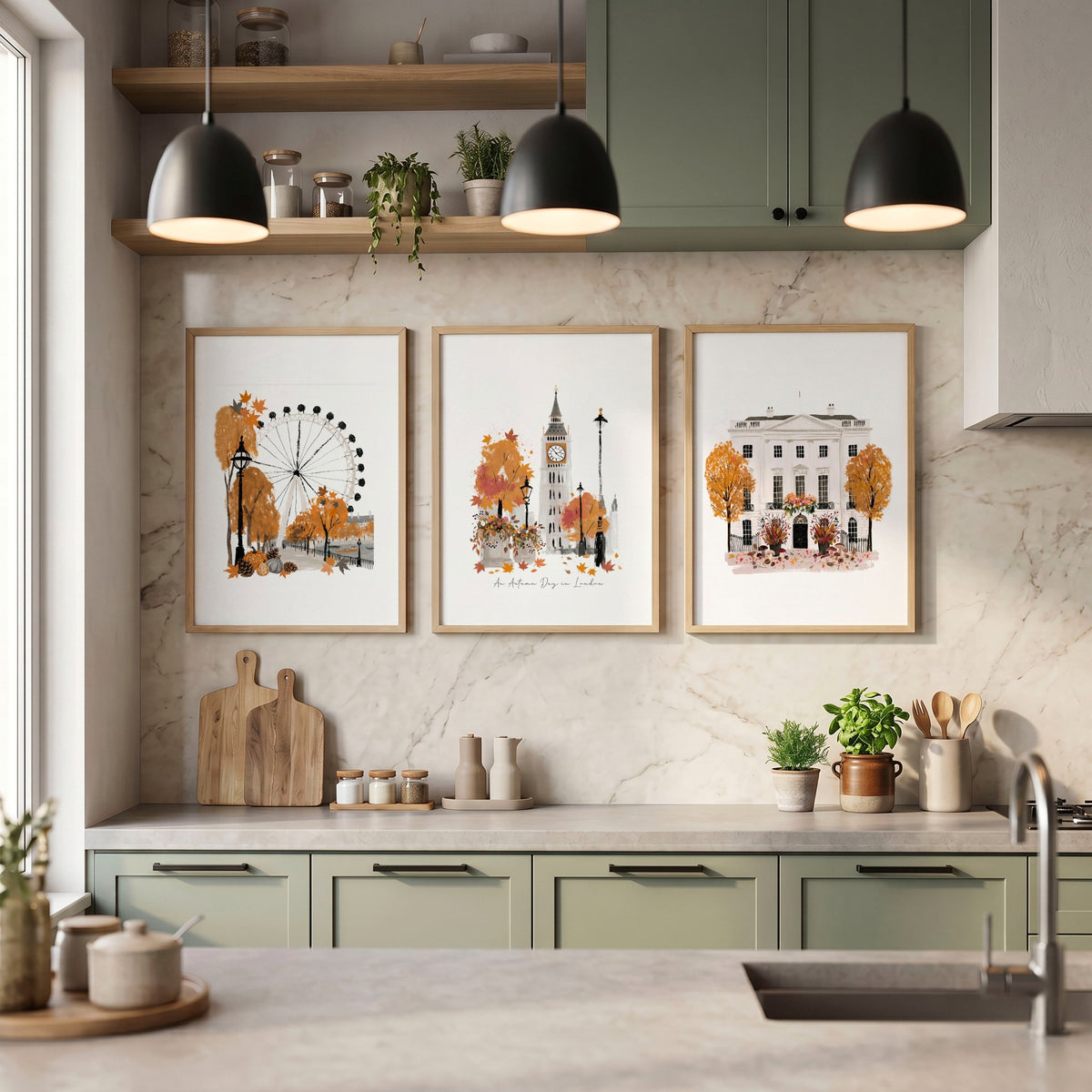 Kitchen Wall Decor London Travel Art wall art | "An Autumn Day in London" displayed on a wall in a styled room — view 2