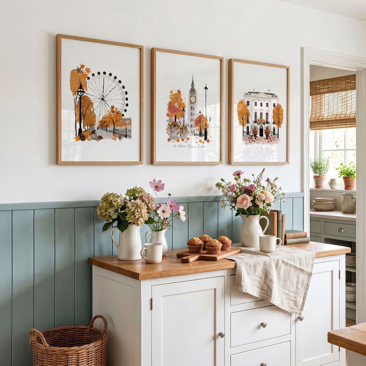 Kitchen Wall Decor London Travel Art wall art | "An Autumn Day in London" displayed on a wall in a styled room — view 3