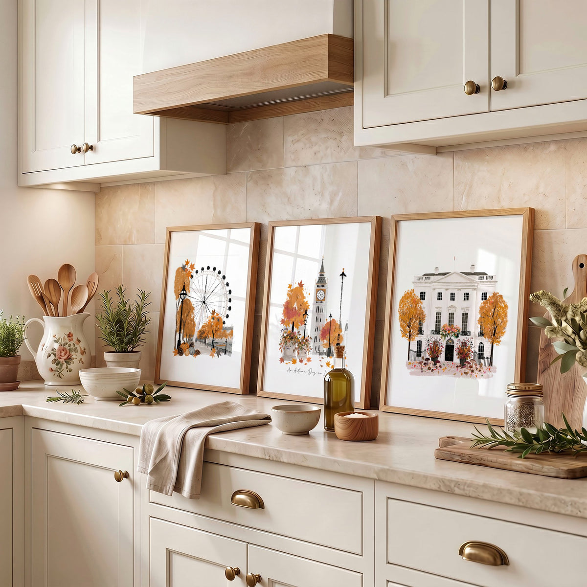Kitchen Wall Decor London Travel Art wall art | "An Autumn Day in London" displayed on a wall in a styled room — view 5