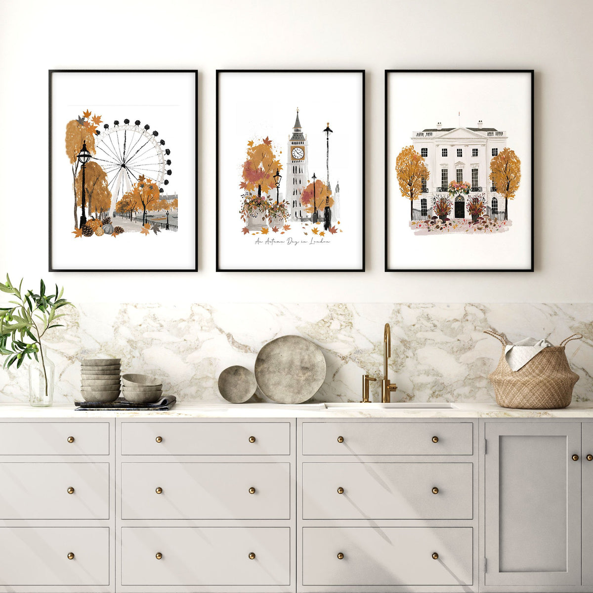 Kitchen Wall Decor London Travel Art wall art | "An Autumn Day in London" displayed on a wall in a styled room — view 6