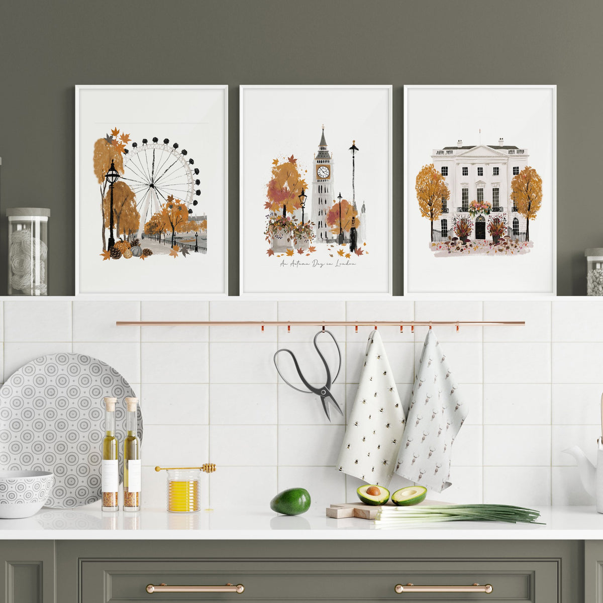 Kitchen Wall Decor London Travel Art wall art | "An Autumn Day in London" displayed on a wall in a styled room — view 7