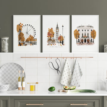 Kitchen Wall Decor London Travel Art wall art | "An Autumn Day in London" displayed on a wall in a styled room — view 7