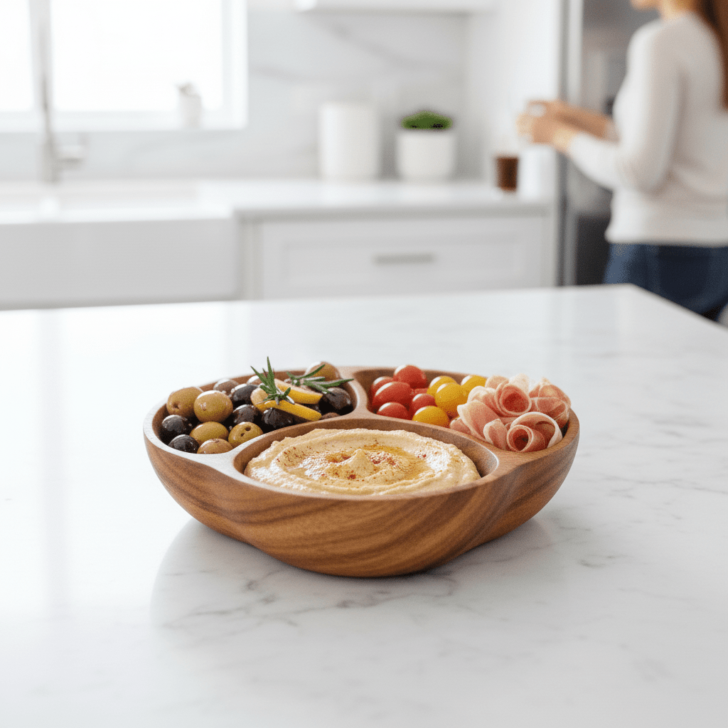 Kora Acacia Wood Three Section Antipasti Dish