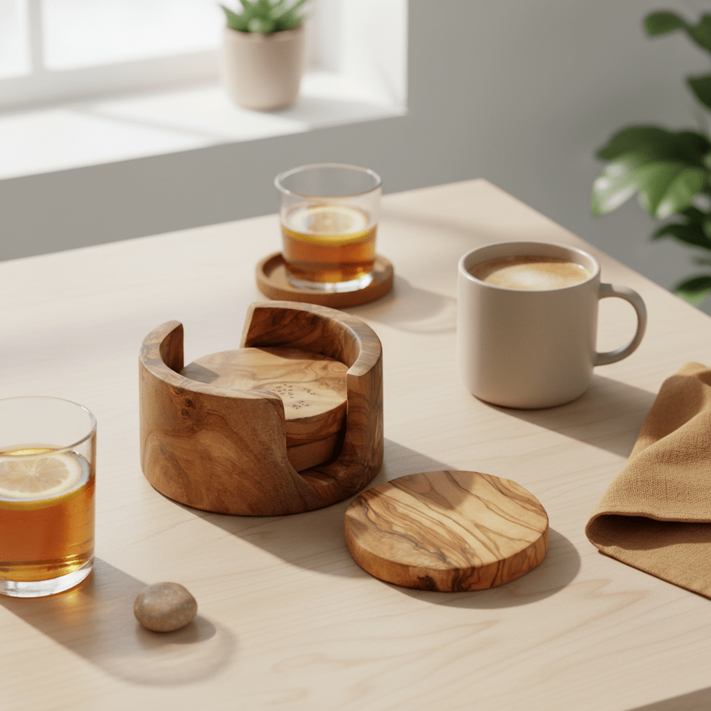 Kora Set Of 4 Olive Wood Round Coasters