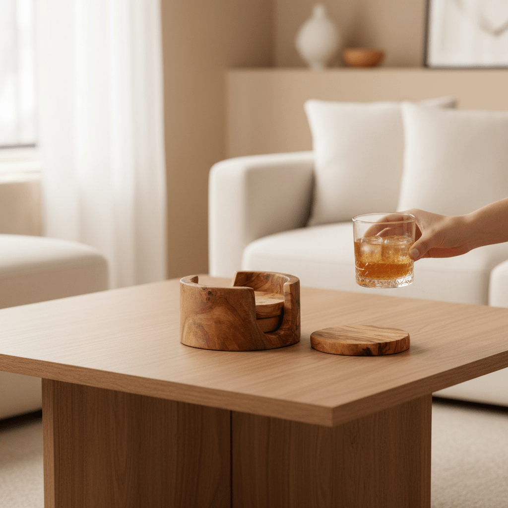 Kora Set Of 4 Olive Wood Round Coasters