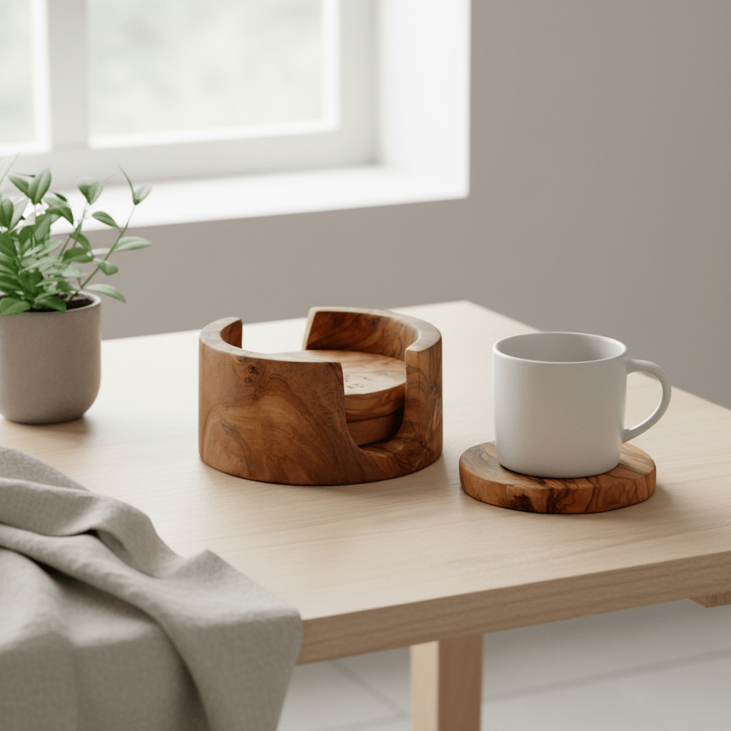 Kora Set Of 4 Olive Wood Round Coasters