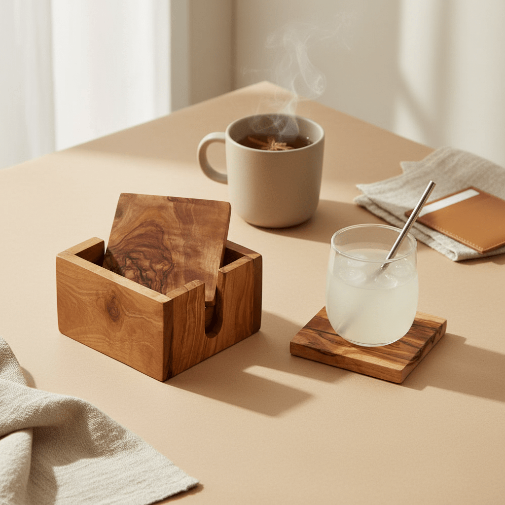 Kora Set Of 4 Olive Wood Square Coasters