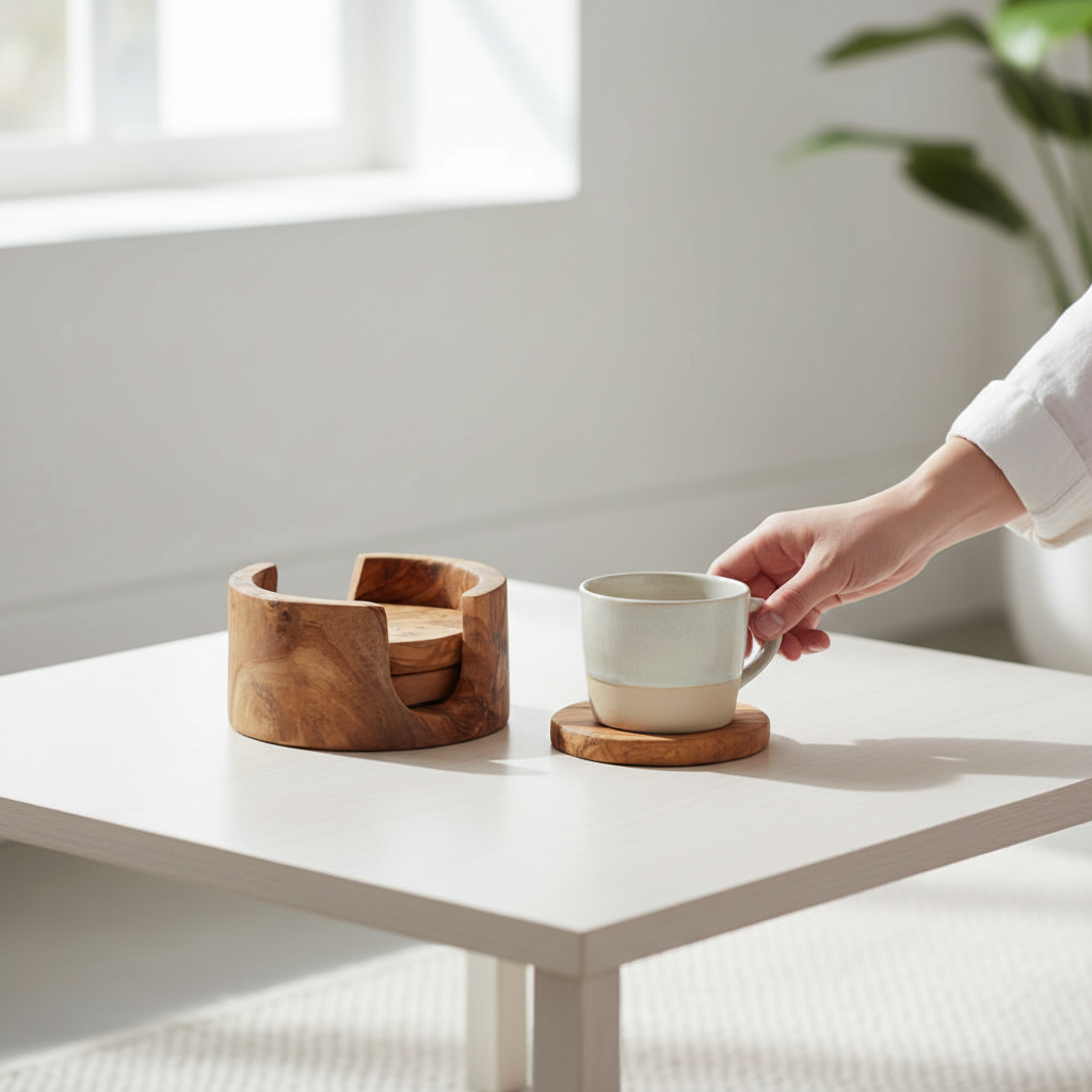 Kora Set Of 4 Olive Wood Round Coasters