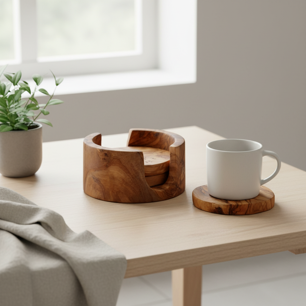 Kora Set Of 4 Olive Wood Round Coasters
