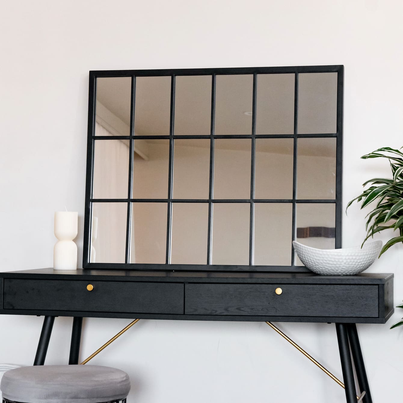Kyō - Black Metal Rectangle Lattice Window Mirror - 90cm x 70cm