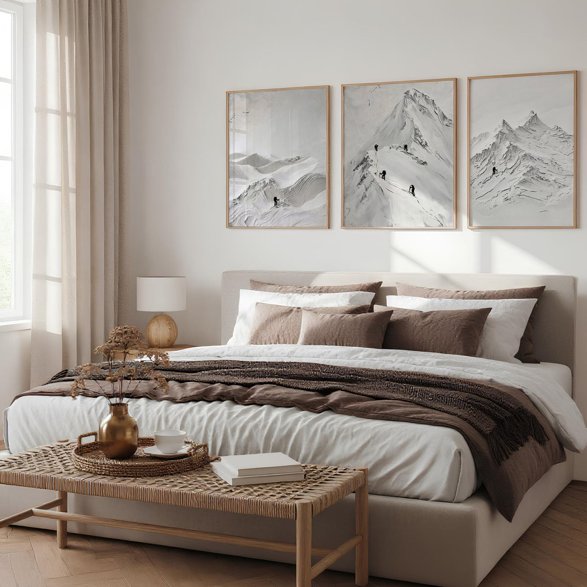 Landscape Art Nordic Mountain Climbers White & Grey wall art displayed on a wall in a styled room — view 3