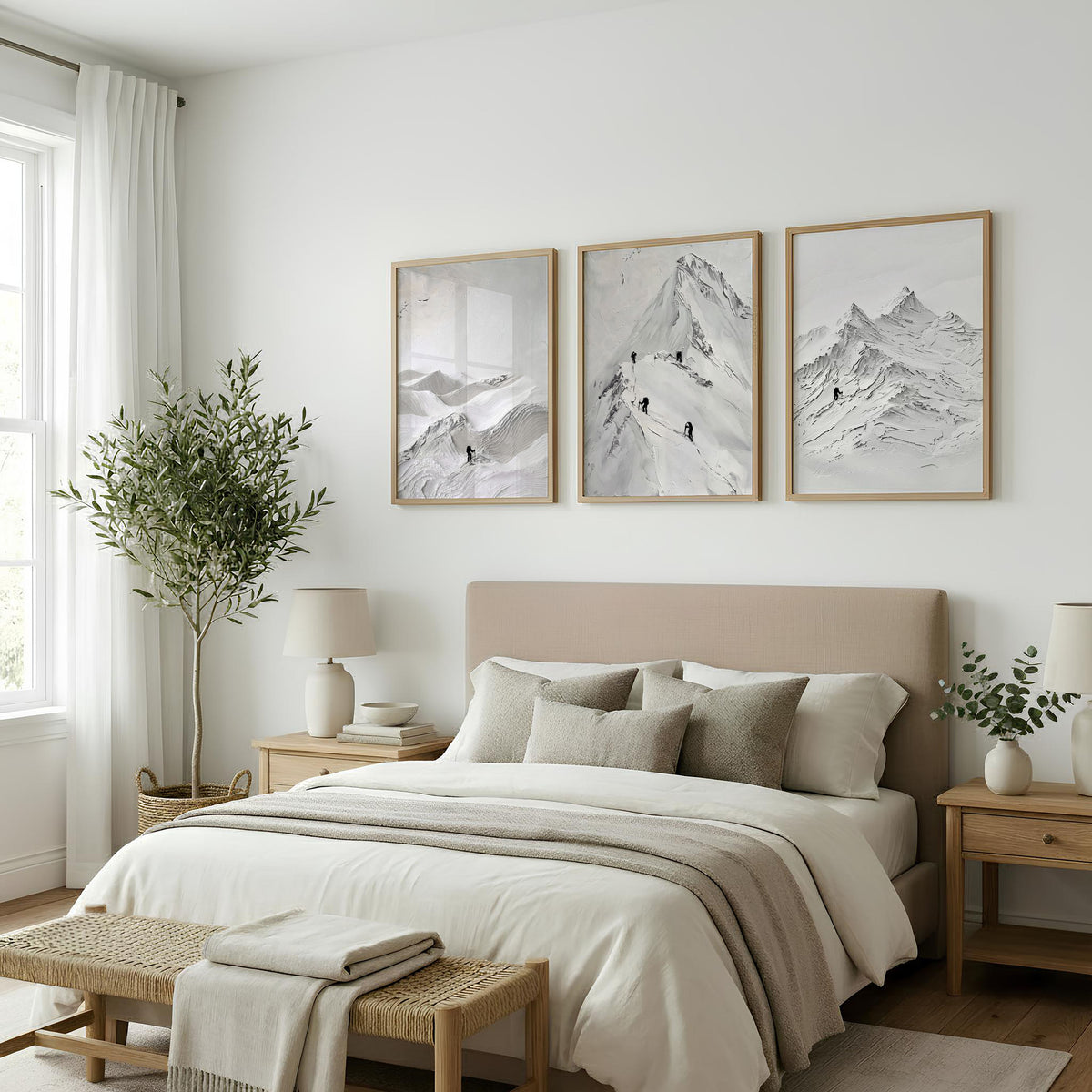 Landscape Art Nordic Mountain Climbers White & Grey wall art displayed on a wall in a styled room — view 5