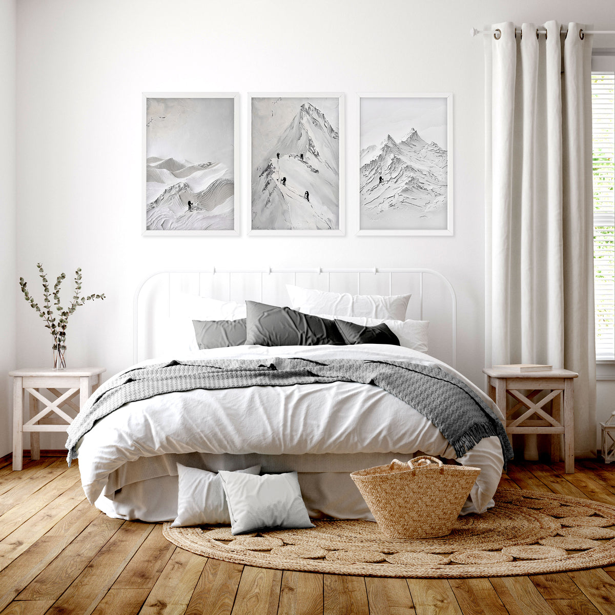 Landscape Art Nordic Mountain Climbers White & Grey wall art displayed on a wall in a styled room — view 6