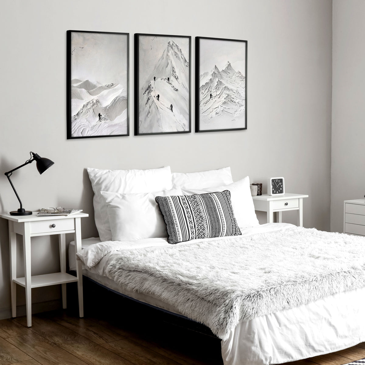 Landscape Art Nordic Mountain Climbers White & Grey wall art displayed on a wall in a styled room — view 7
