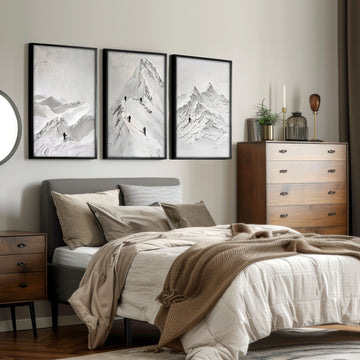 Landscape Art Nordic Mountain Climbers White & Grey wall art displayed on a wall in a styled room — view 8