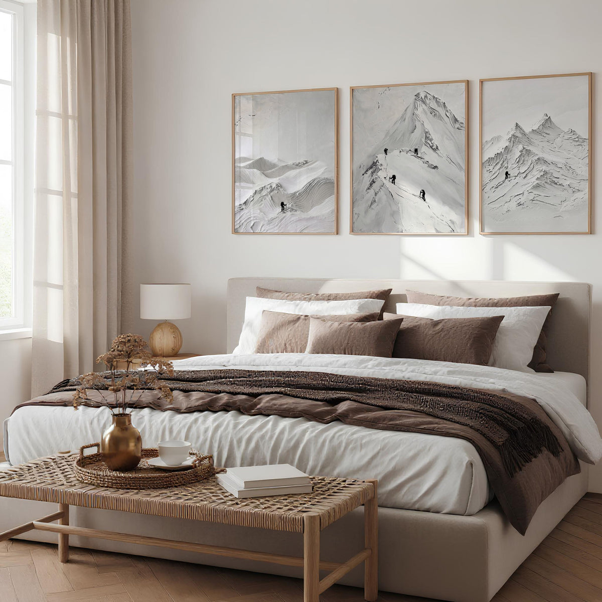Landscape Art Nordic Mountain Climbers White & Grey Wall Art Prints | Set of 3
