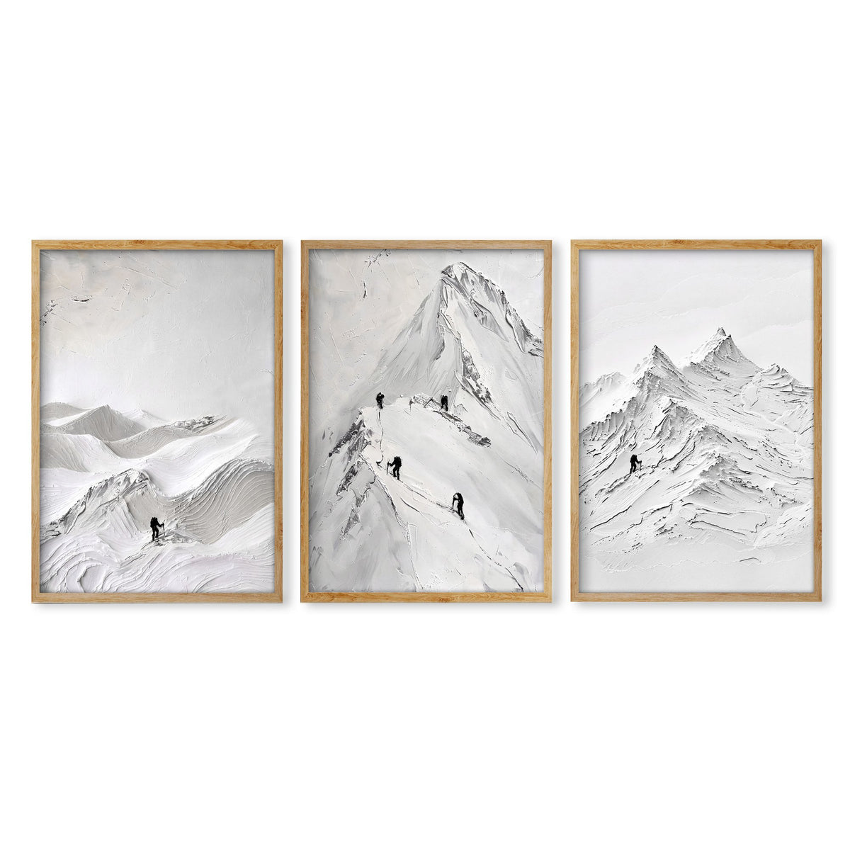 Landscape Art Nordic Mountain Climbers White & Grey wall art in an oak frame