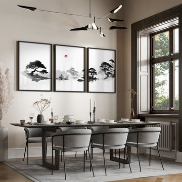 Landscape Art Painting Japanese Ink Zen Bonsai & Red Sun wall art displayed on a wall in a styled room