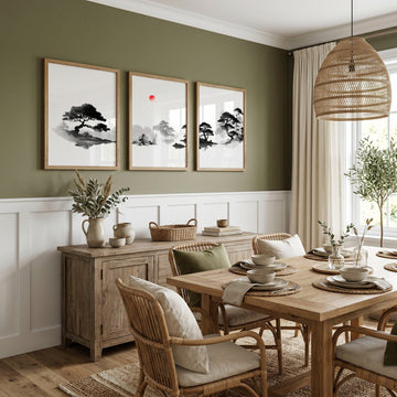 Landscape Art Painting Japanese Ink Zen Bonsai & Red Sun wall art displayed on a wall in a styled room — view 2