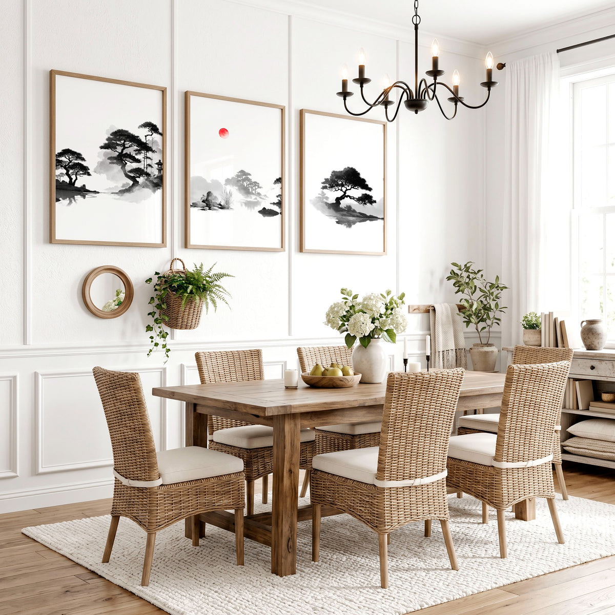 Landscape Art Painting Japanese Ink Zen Bonsai & Red Sun wall art displayed on a wall in a styled room — view 3