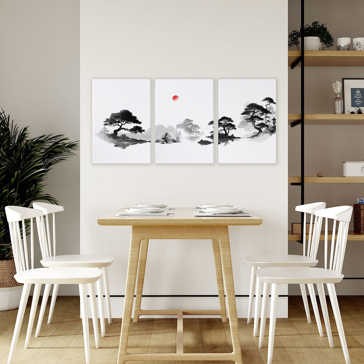 Landscape Art Painting Japanese Ink Zen Bonsai & Red Sun wall art displayed on a wall in a styled room — view 6