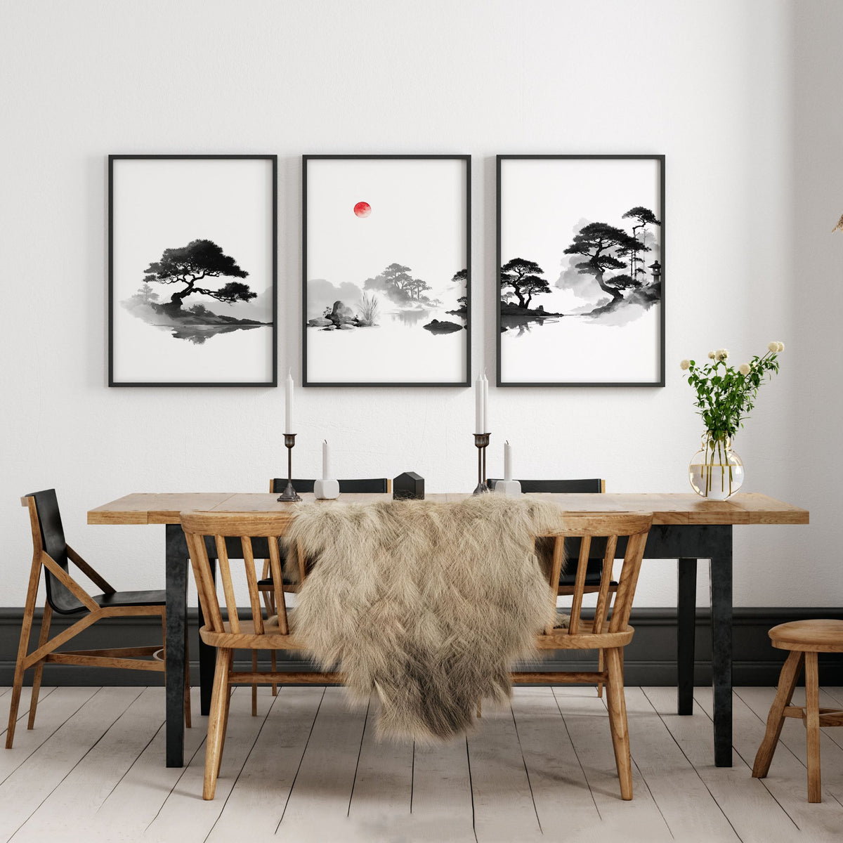Landscape Art Painting Japanese Ink Zen Bonsai & Red Sun wall art displayed on a wall in a styled room — view 7