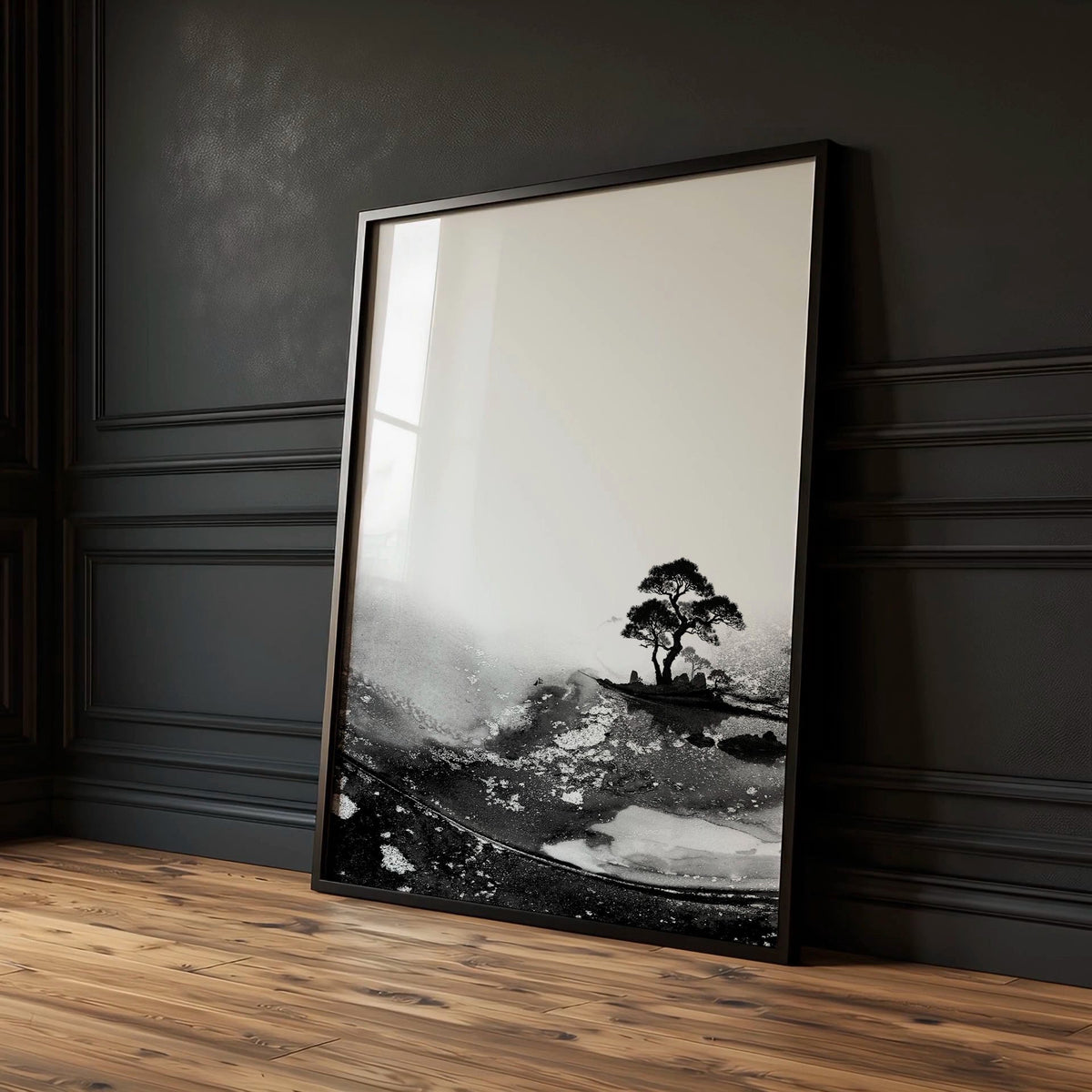 Landscape Artwork Japanese Ink Wash Black White & Red Sun wall art — piece 1 of 3 in the set