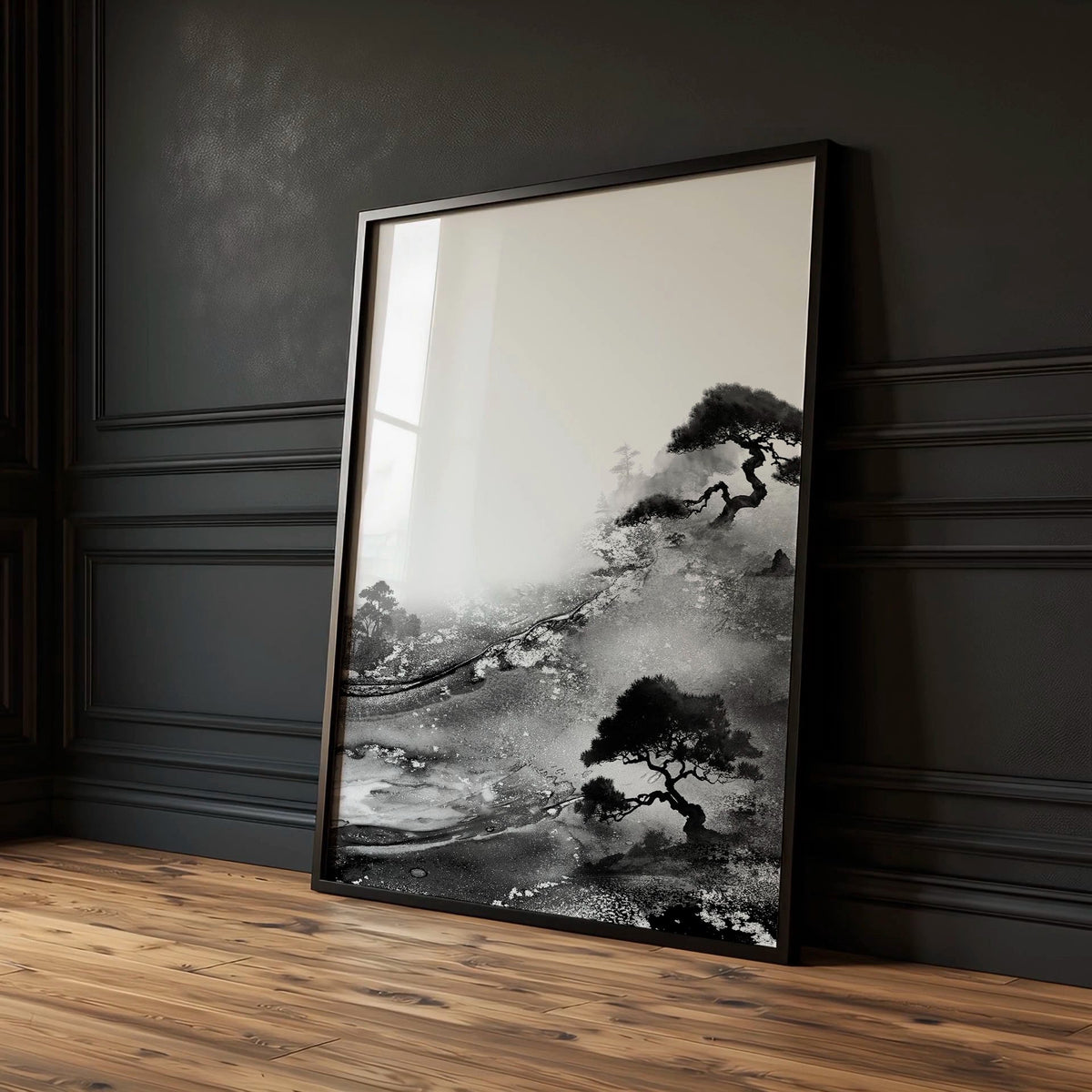 Landscape Artwork Japanese Ink Wash Black White & Red Sun wall art — piece 2 of 3 in the set