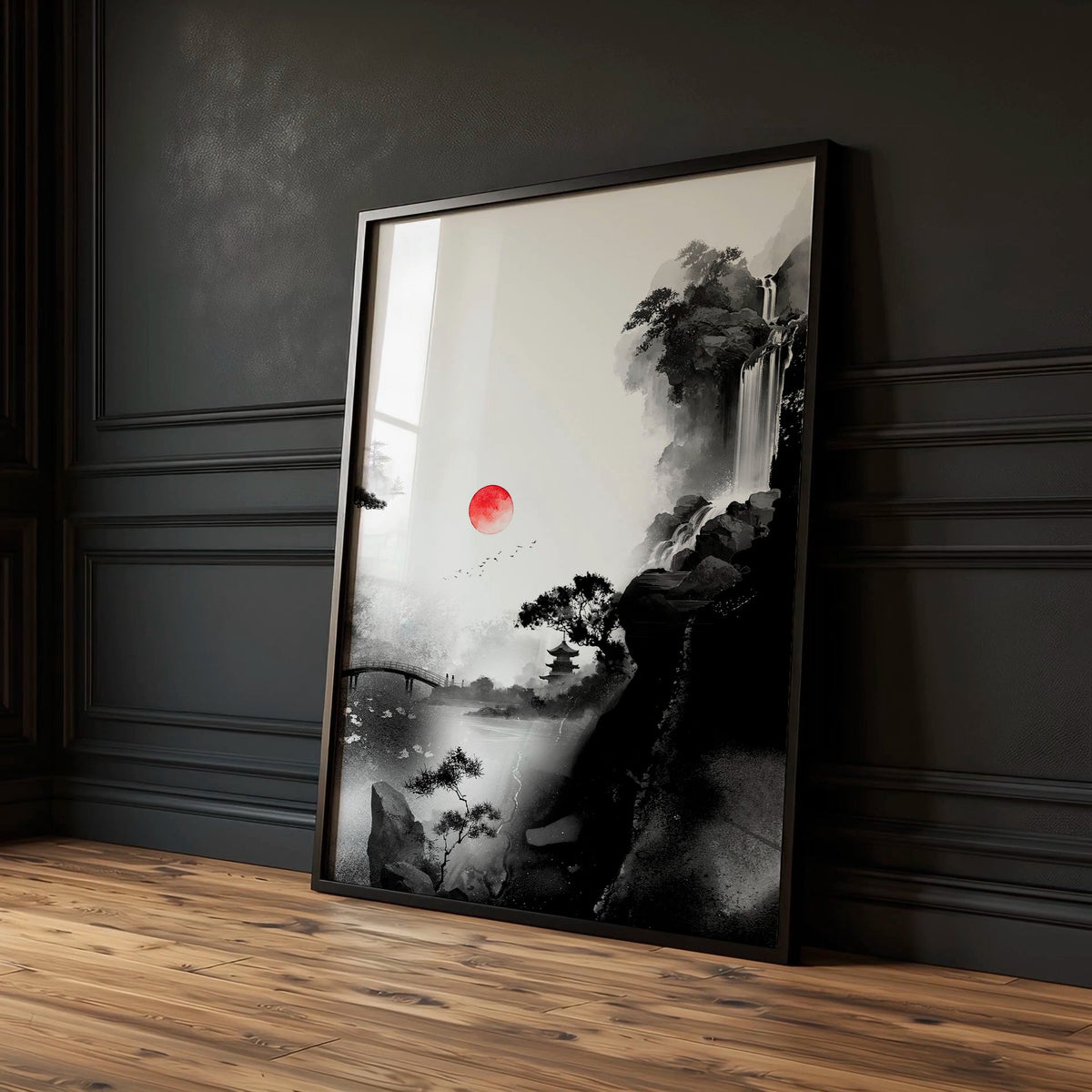 Landscape Artwork Japanese Ink Wash Black White & Red Sun wall art — piece 3 of 3 in the set