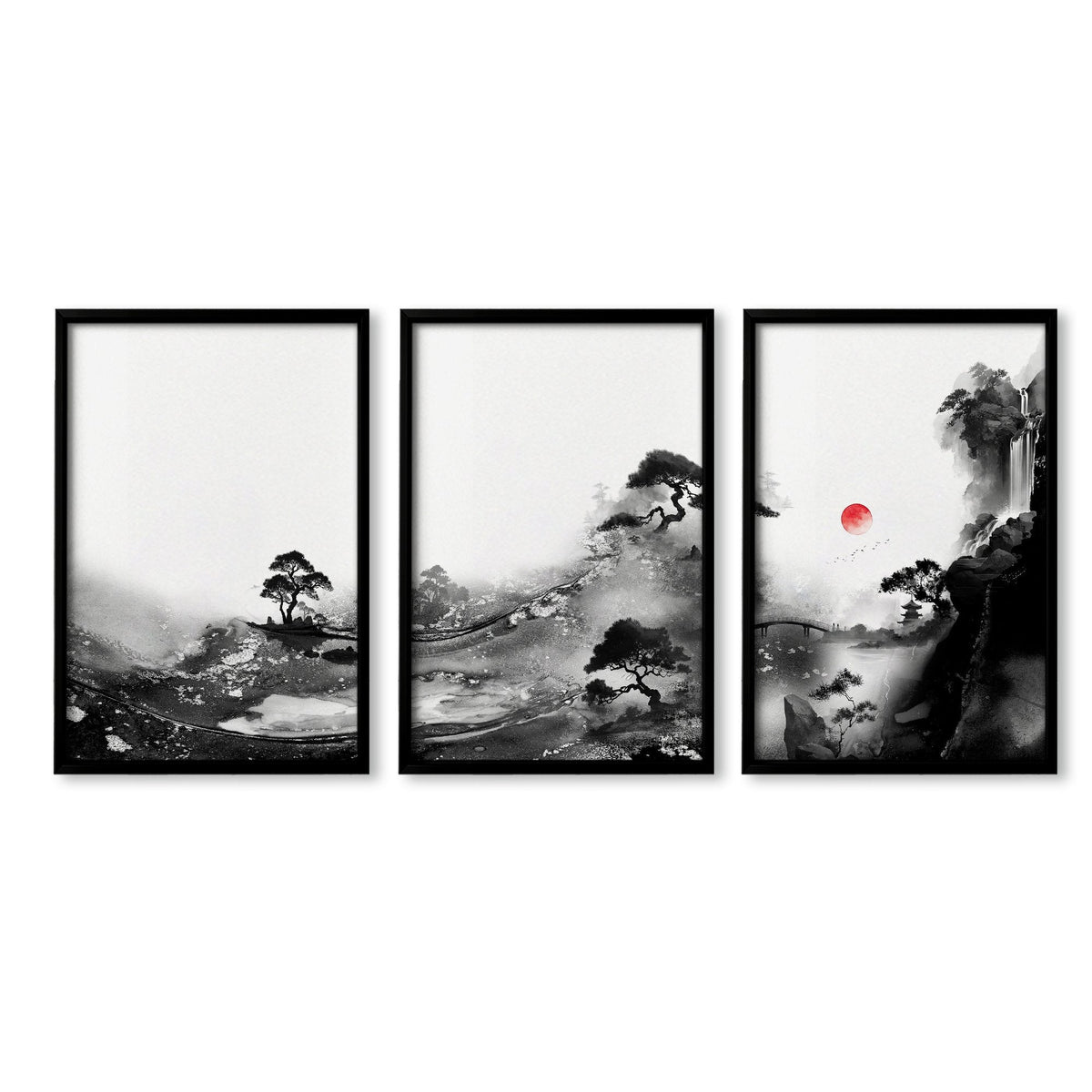 Landscape Artwork Japanese Ink Wash Black White & Red Sun Wall Art Prints | Set of 3