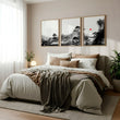 Landscape Artwork Japanese Ink Wash Black White & Red Sun Wall Art Prints | Set of 3