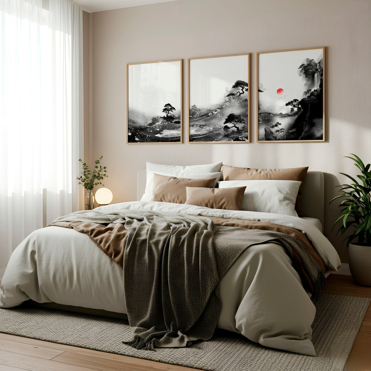 Landscape Artwork Japanese Ink Wash Black White & Red Sun Wall Art Prints | Set of 3