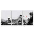 Landscape Artwork Japanese Ink Wash Black White & Red Sun Wall Art Prints | Set of 3
