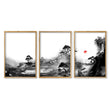 Landscape Artwork Japanese Ink Wash Black White & Red Sun Wall Art Prints | Set of 3