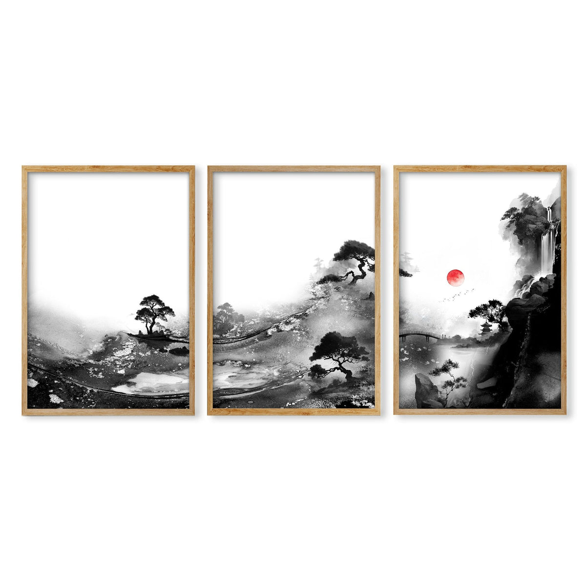 Landscape Artwork Japanese Ink Wash Black White & Red Sun Wall Art Prints | Set of 3