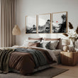 Landscape Artwork Japanese Ink Wash Black White & Red Sun wall art displayed on a wall in a styled room