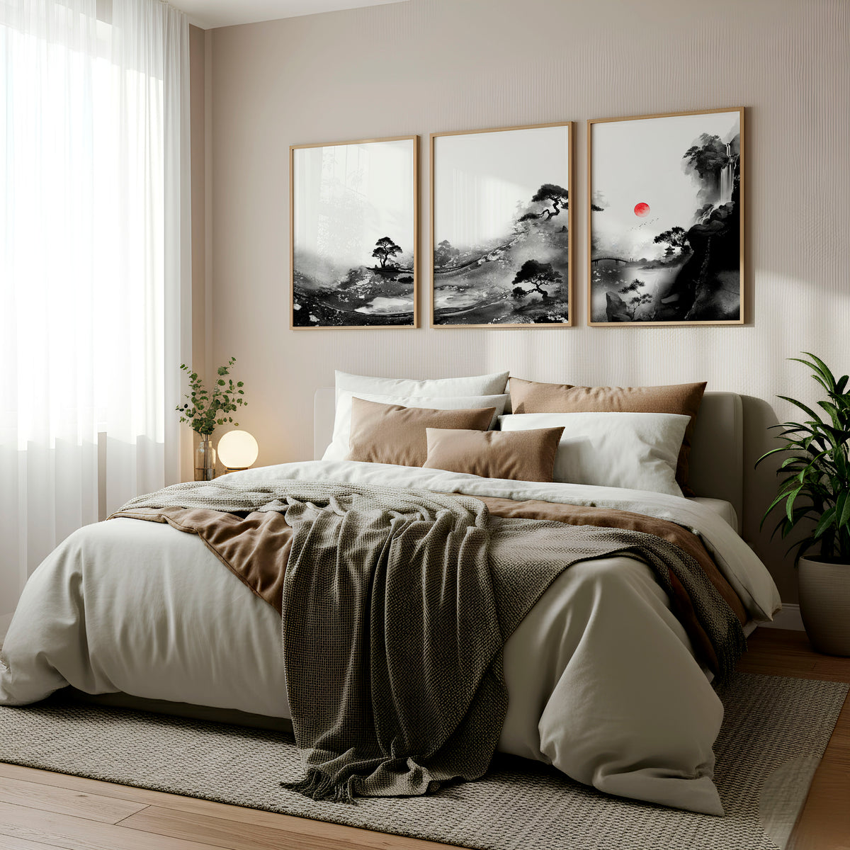 Landscape Artwork Japanese Ink Wash Black White & Red Sun wall art displayed on a wall in a styled room — view 2