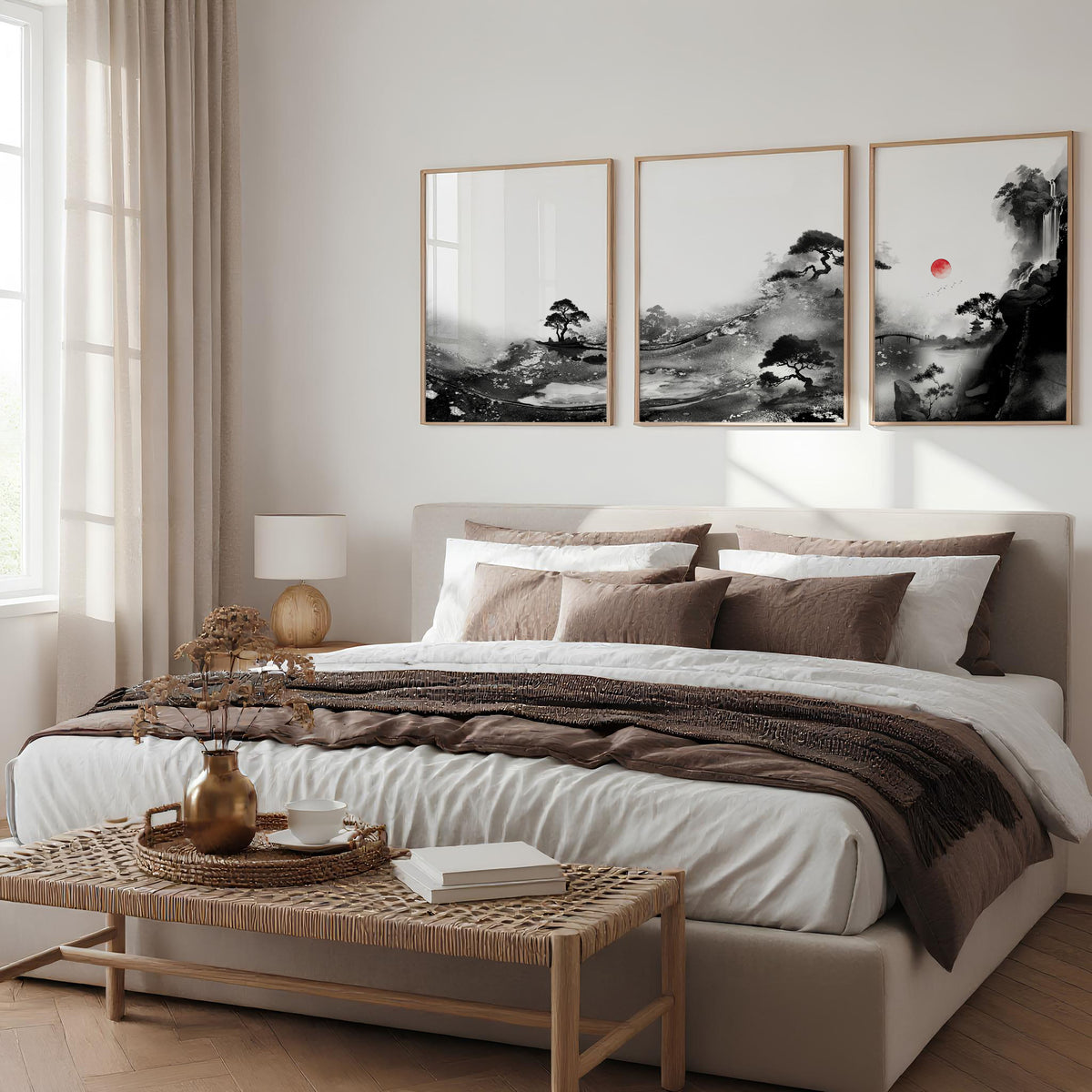 Landscape Artwork Japanese Ink Wash Black White & Red Sun wall art displayed on a wall in a styled room — view 3
