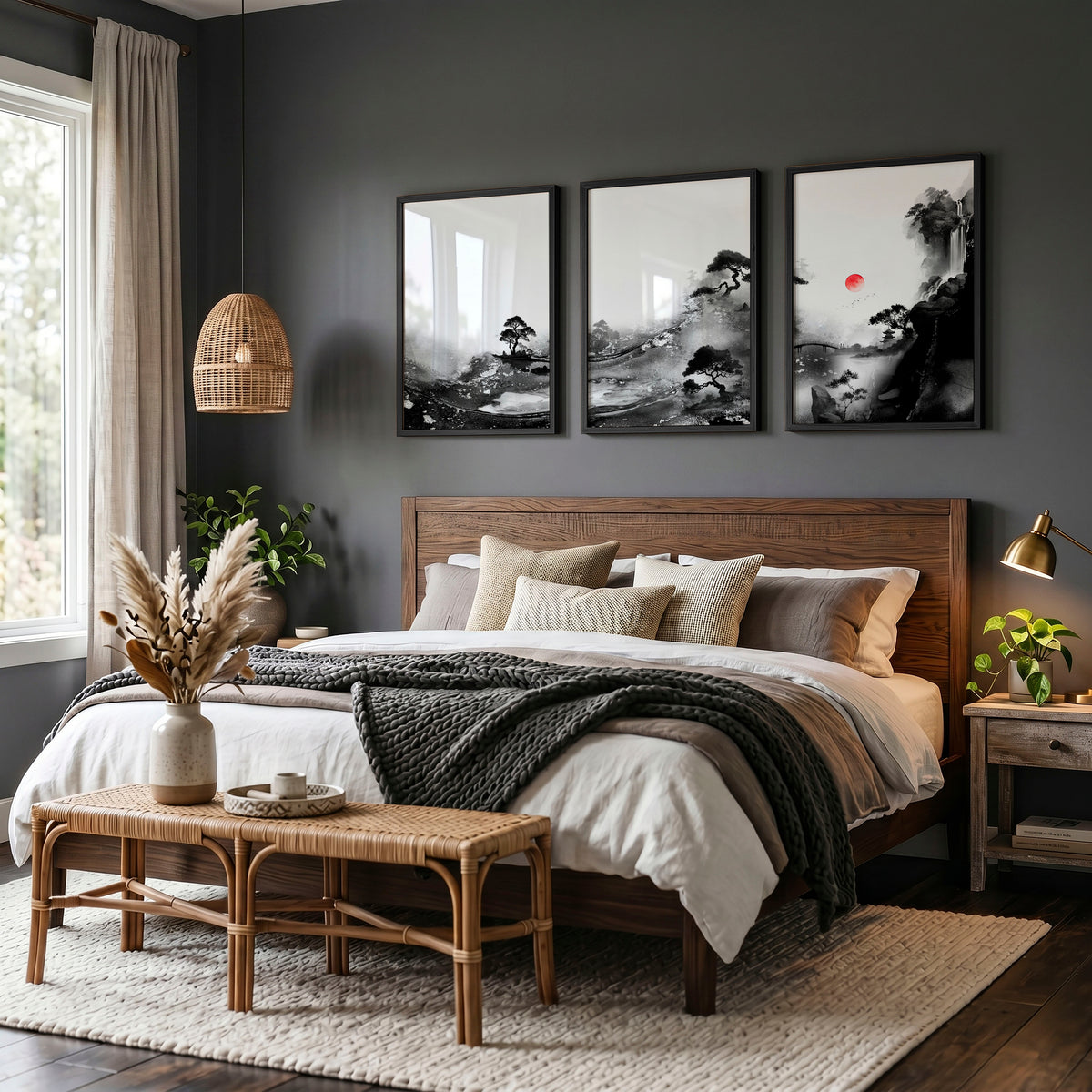 Landscape Artwork Japanese Ink Wash Black White & Red Sun wall art displayed on a wall in a styled room — view 4