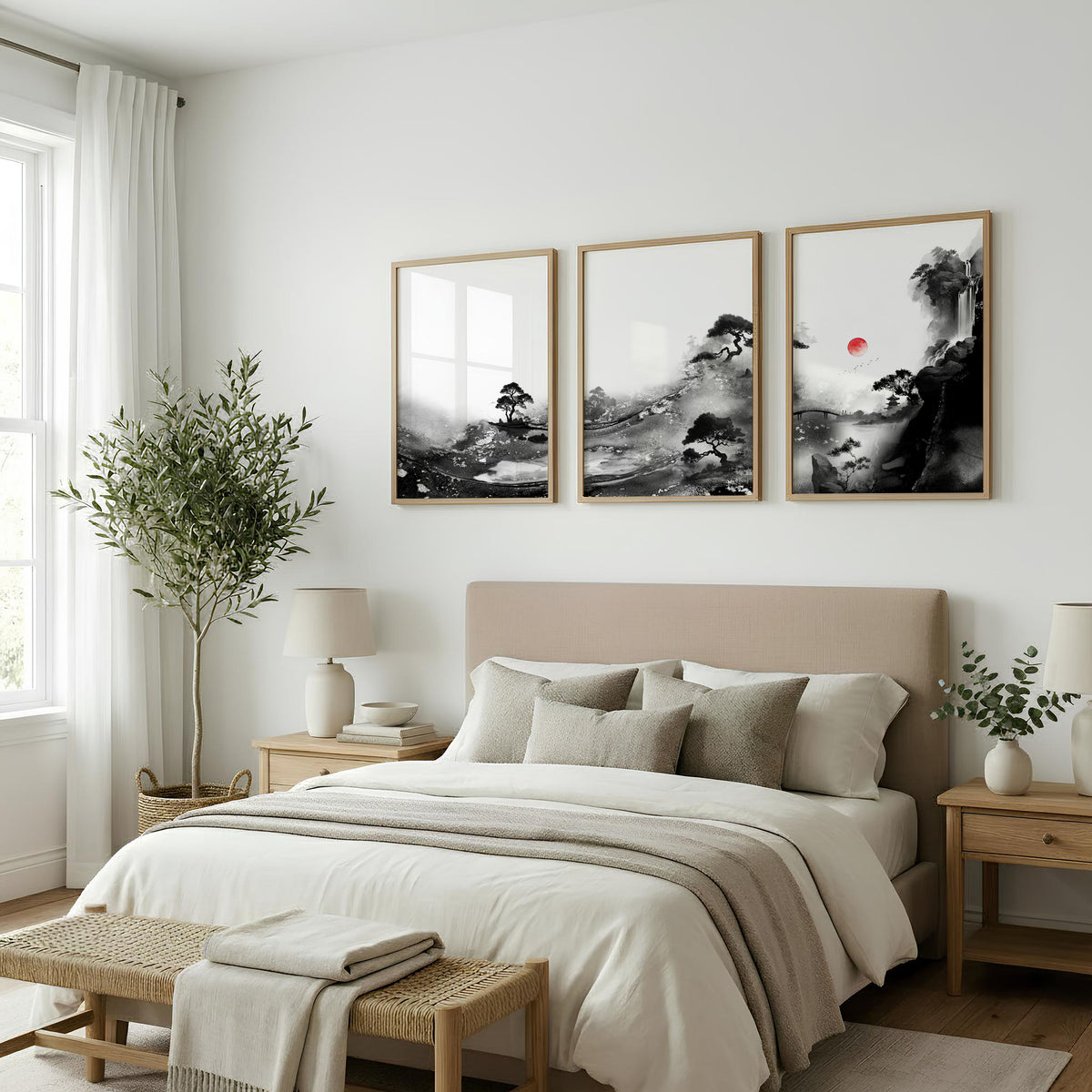 Landscape Artwork Japanese Ink Wash Black White & Red Sun wall art displayed on a wall in a styled room — view 5