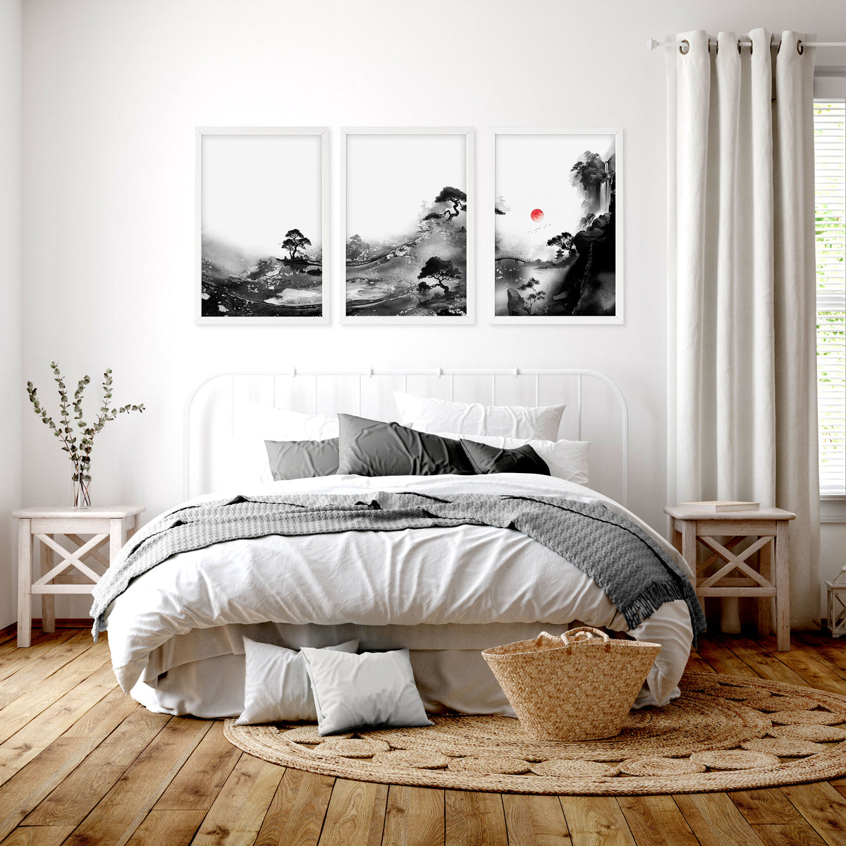 Landscape Artwork Japanese Ink Wash Black White & Red Sun wall art displayed on a wall in a styled room — view 6